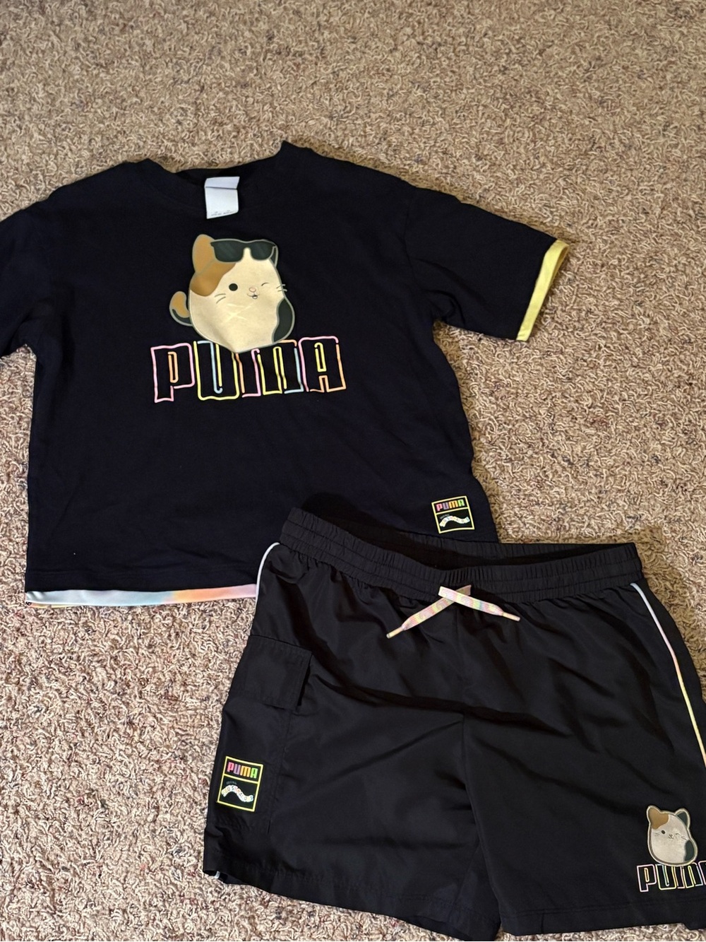 Puma Squishmallow Black Tee & Shorts Set with Pastel Cat Graphic